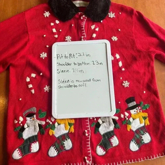 VTG Victoria Jones Christmas Sweater Large Red Button Up Cardigan Snowman - Picture 11 of 11